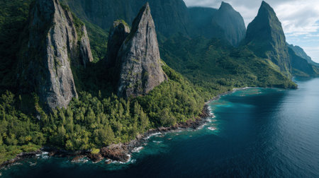 Breathtaking aerial view of towering mountain peaks surrounded by vibrant greenery and the clear blue ocean, showcasing a tranquil tropical paradise.の素材