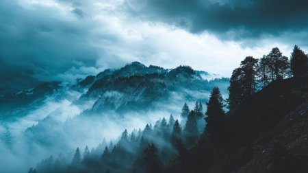 Explore a captivating mountain landscape enveloped in mist and clouds, where serene forests create a tranquil atmosphere, perfect for nature enthusiasts and adventurers.の素材