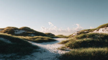 Explore a peaceful coastal landscape featuring a smooth sandy pathway surrounded by lush green grass under a clear blue sky, perfect for nature lovers and travelers.の素材