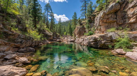 A tranquil mountain stream flows through a lush green forest, featuring rocky terrain and crystal clear waters. Perfect for nature lovers and outdoor enthusiasts.の素材