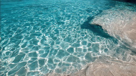 Experience the serene beauty of clear turquoise water gently lapping against a sandy shoreline, perfect for a peaceful summer getaway in a tropical paradise.の素材
