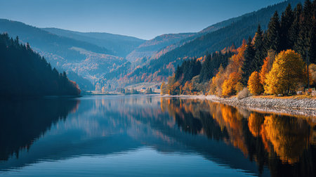A picturesque autumn landscape featuring a calm lake reflecting vibrant foliage and majestic mountains under a clear blue sky, embodying tranquility and natural beauty.の素材