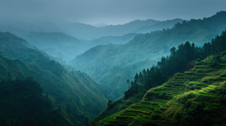 Experience the beauty of terraced fields nestled in lush green hills shrouded in morning mist, creating a serene landscape perfect for nature lovers and explorers.の素材