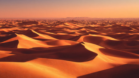 This image captures a stunning desert landscape at sunset, showcasing soft sand dunes and gentle shadows that create a serene and tranquil atmosphere.の素材