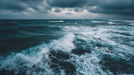 Majestic ocean waves crash against each other beneath a dramatic sky filled with dark clouds. The scene portrays the raw energy and beauty of nature's elements.の素材