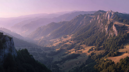 A breathtaking landscape featuring gentle hills and dramatic mountains illuminated by the soft light of dawn, creating a tranquil and serene atmosphere perfect for nature lovers.の素材