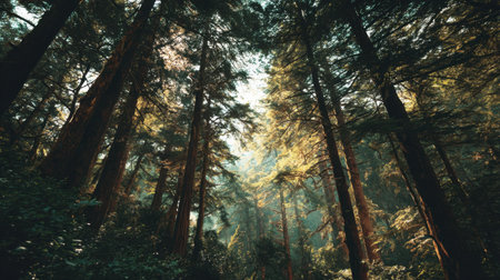 A captivating view of a lush forest where sunlight filters through the towering trees, creating a serene atmosphere full of vibrant greenery and calm nature.の素材