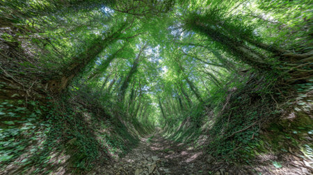 A tranquil forest pathway displaying vibrant greenery and gentle sunlight filtering through towering trees, inviting viewers to explore the beauty of nature's untouched landscape.の素材