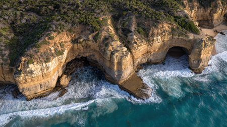 An aerial perspective showcasing magnificent rock formations against a backdrop of clear turquoise waters and gentle waves, inviting exploration and tranquility.の素材