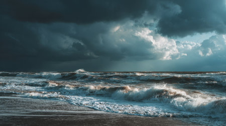 Captivating image of dramatic ocean waves under dark stormy clouds, highlighting the beauty and power of nature. Ideal for travel or seascape themes.の素材
