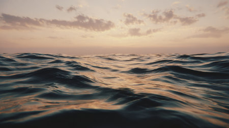 This stunning image captures calm ocean waves at dusk, showcasing beautiful reflections of the sunset and soft clouds in the sky, embodying tranquility.の素材