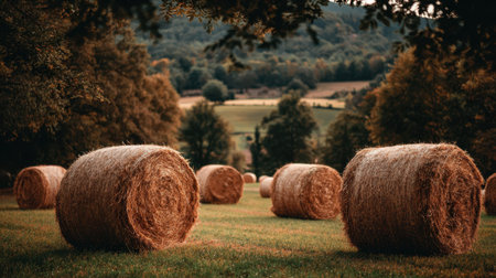 A stunning view of round hay bales scattered across a green field, framed by lush hills and a clear sky, capturing the essence of rural tranquility and natural beauty.の素材