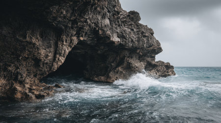 A captivating coastal view showcases a rugged cliff formation alongside the sea, where tumultuous waves crash against the rocky shore under a dramatic overcast sky.の素材