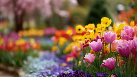 A vibrant spring garden showcases a stunning array of colorful tulips, daisies, and other blooming flowers, creating a picturesque and tranquil outdoor scene.の素材