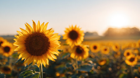 A stunning sunflower field captured during golden hour, showcasing vibrant yellow blooms against a serene sky. Ideal for nature lovers and agricultural themes.の素材
