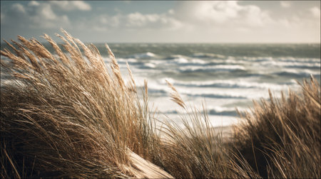 A stunning coastal scene featuring tall grass swaying gently in the wind, overlooking rolling ocean waves. This tranquil landscape captures the essence of nature.の素材