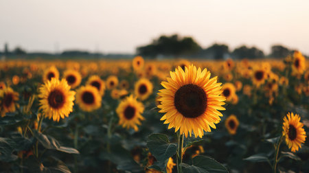 Capture the beauty of a sunflower field illuminated by the golden light of dusk, showcasing vibrant blooms under a serene evening sky, perfect for nature lovers.の素材