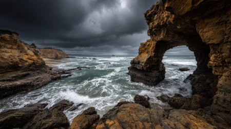 Explore a captivating coastal scene featuring a striking beach arch under dark, moody clouds, with turbulent waves crashing against the rugged shoreline.の素材