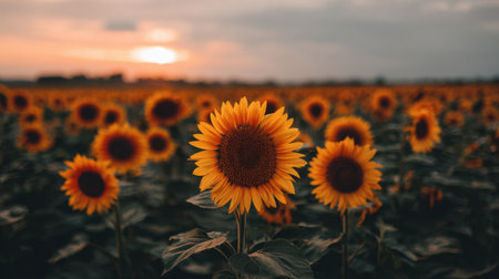 This stunning image features a field of sunflowers basking in the warm glow of a sunset. The array of vibrant yellow flowers creates a serene and picturesque scene perfect for nature lovers.の素材