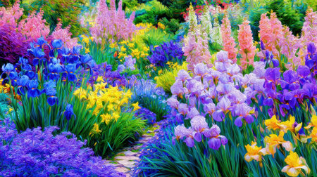 A stunning array of colorful flowers fills a lush garden, showcasing various blooms and greenery. The vibrant hues create a tranquil and inviting outdoor scene.の素材
