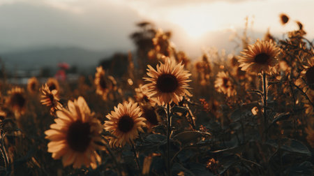 A picturesque view of sunflowers blooming in a golden field during sunset, showcasing vibrant colors and a serene atmosphere ideal for nature lovers and photographers.の素材