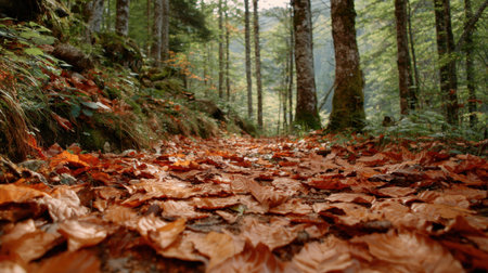 A picturesque autumn forest trail covered in vivid fallen leaves. The scene captures the tranquil beauty of nature, inviting exploration and reflection in a peaceful setting.の素材