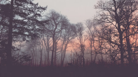 A captivating landscape of a foggy forest at dawn, showcasing silhouetted trees against a softly colored sky, creating a serene and tranquil atmosphere.の素材