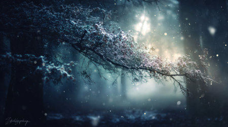 Captivating image of an enchanting forest illuminated by ethereal moonlight and delicate snowflakes, creating a serene and mysterious atmosphere in nature.の素材