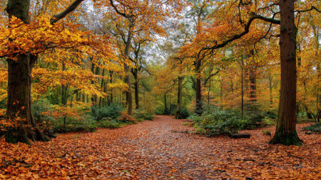 A serene autumn scene showcasing a picturesque forest path covered in vibrant orange and yellow leaves, framed by colorful trees and soft sunlight.の素材