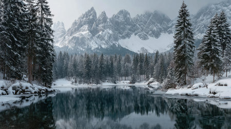 Discover a breathtaking winter landscape featuring snow-covered mountains reflected in a serene lake, surrounded by towering pine trees in a tranquil setting.の素材