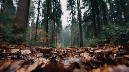 This captivating image showcases a serene forest path adorned with fallen leaves and lush greenery, inviting viewers to experience the tranquility of nature.の素材