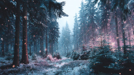 A captivating winter forest scene showcasing tall evergreen trees blanketed in snow, with gentle light filtering through, creating a tranquil and magical atmosphere.の素材