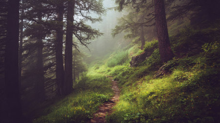 A tranquil forest path meanders through lush greenery and tall trees, enveloped in mist. This serene scene captures the beauty of nature and invites exploration.の素材