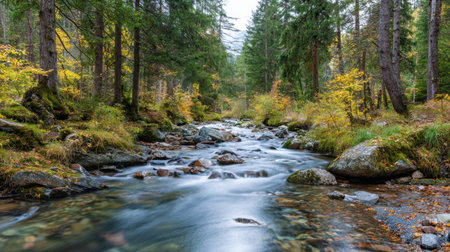 A picturesque mountain stream meanders through an enchanting autumn forest, featuring vibrant foliage, rugged rocks, and tall evergreen trees, creating a serene escape.の素材