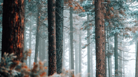 Discover a mesmerizing misty forest scene featuring tall evergreen trees enveloped in fog, creating a tranquil atmosphere perfect for nature lovers and outdoor enthusiasts.の素材
