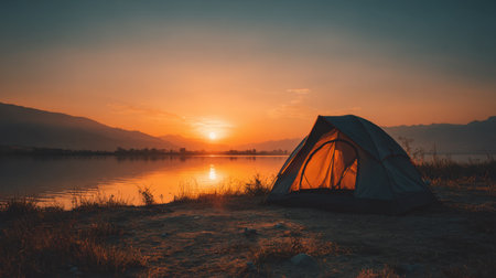 A stunning camping scene showcasing a tent beside a tranquil lake during sunset, with majestic mountains creating a picturesque backdrop. Perfect for nature lovers.の素材