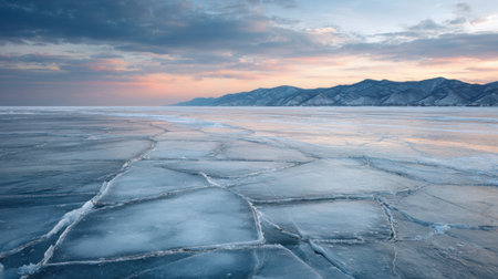 A stunning frozen landscape captures the beauty of winter, featuring cracked ice formations on a vast lake under a colorful sunset with distant mountains.の素材