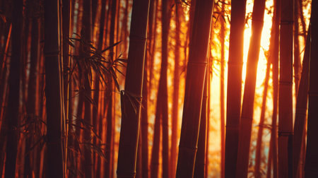 A stunning view of a bamboo forest at sunset, featuring tall stalks illuminated by warm sunlight. This serene setting invites relaxation and tranquility in nature.の素材