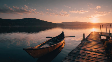 A stunning view of a canoe at rest on a peaceful lake at sunset, with calm waters reflecting the colors of the sky and a wooden dock inviting tranquility and adventure.の素材
