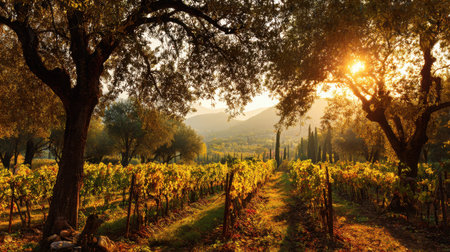 Experience the tranquility of a vineyard at sunset, where vibrant foliage meets golden sunlight illuminating rolling hills and majestic trees in a serene rural landscape.の素材
