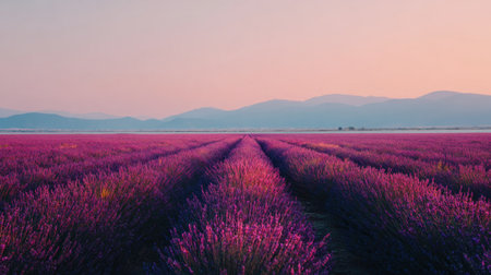 A stunning view of lavender fields stretching towards the horizon under a pastel pink sky at dusk. The vibrant purple flowers enhance the serene atmosphere of nature.の素材