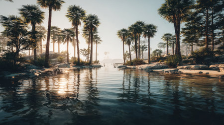 Discover a serene tropical landscape showcasing vibrant palm trees and calm waters at sunrise, creating a tranquil and picturesque outdoor environment.の素材