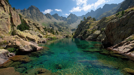 Discover a breathtaking mountain landscape with clear water, rocky shores, and vibrant greenery, capturing the essence of untouched natural beauty in a serene setting.の素材