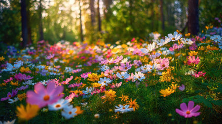 A stunning view of a vibrant meadow filled with colorful wildflowers under soft sunlight. The lush green grass and tall trees create a serene and peaceful atmosphere.の素材