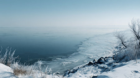 A tranquil winter landscape featuring a frozen lake and snowy shoreline under a clear blue sky. The serene scene captures natureの素材