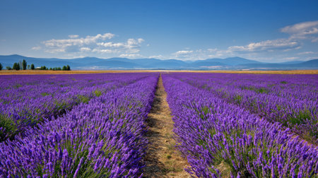A stunning lavender field stretches into the distance, showcasing vibrant purple blooms under a bright blue sky, creating a peaceful and serene rural landscape.の素材