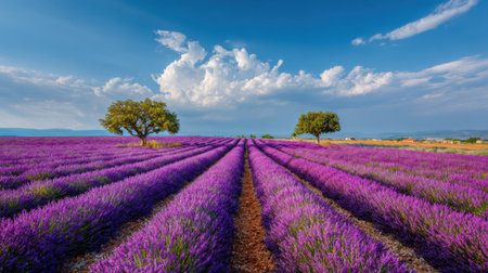 A vibrant lavender field stretches under a clear blue sky, featuring fluffy clouds and trees in the background, creating a serene and picturesque rural landscape.の素材