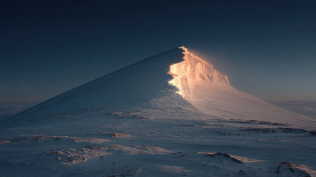 Stunning view of a snow-capped mountain peak illuminated by sunrise, showcasing an icy crest against a clear blue sky, embodying nature's breathtaking beauty.の素材