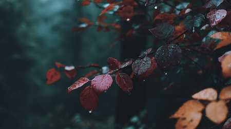 Close-up view of radiant red and orange leaves glistening with raindrops in a beautiful misty forest atmosphere, showcasing the tranquil charm of autumn.の素材