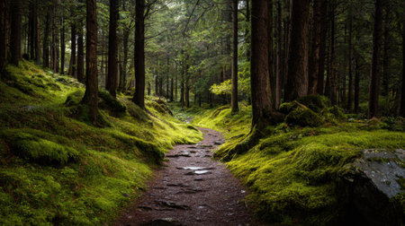 Discover a tranquil forest path enveloped in lush greenery where sunlight gently breaks through the trees, inviting exploration and connection with nature.の素材